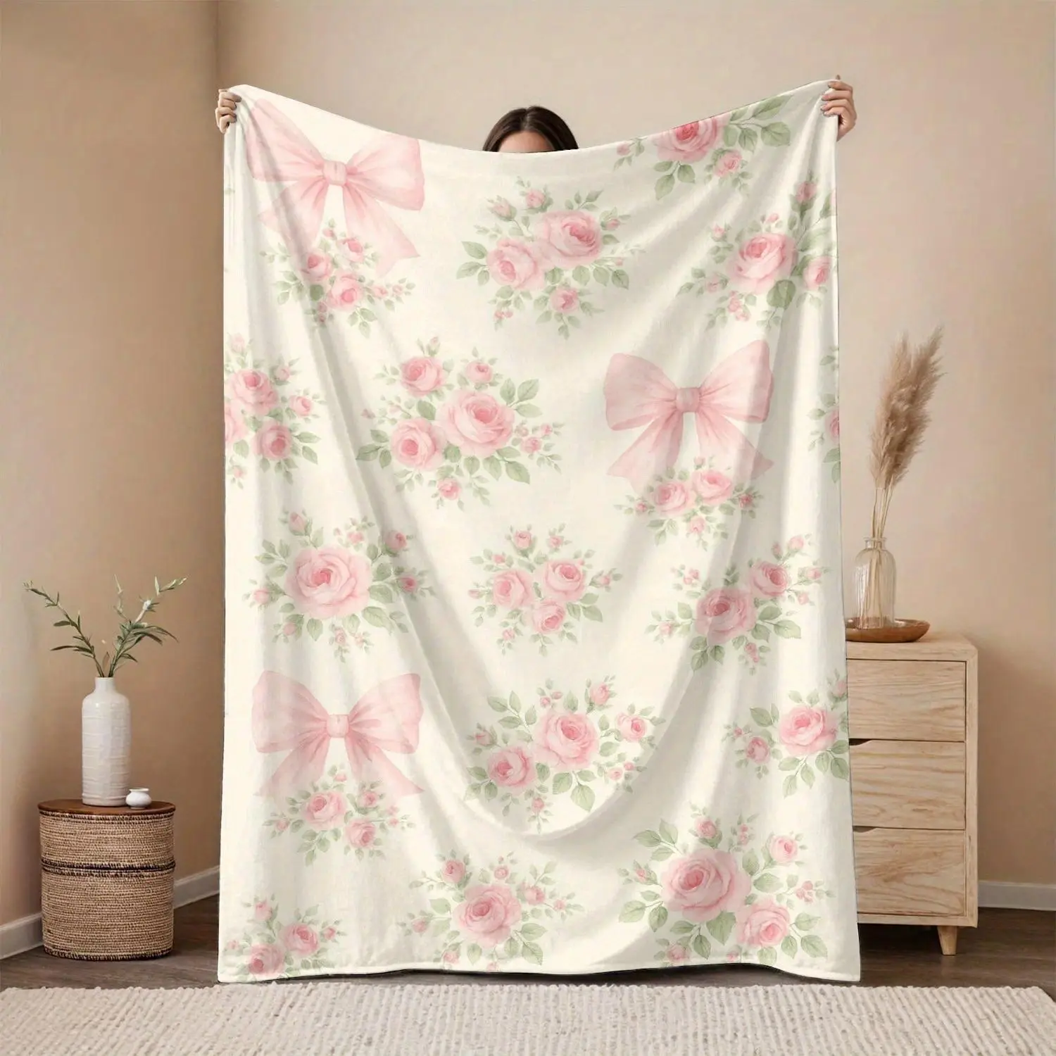 Large Flannel Throw Blanket, Pink Rose Pink Bow Green Leaf Art Print, Fluffy Afghan Style Warm for Sofa Bedding, Matches cooling blankets pillows couch cover for sofa bedding set comforter set, Cute Floral Home Decor Birthday Holiday Gift, Classic, Floral
