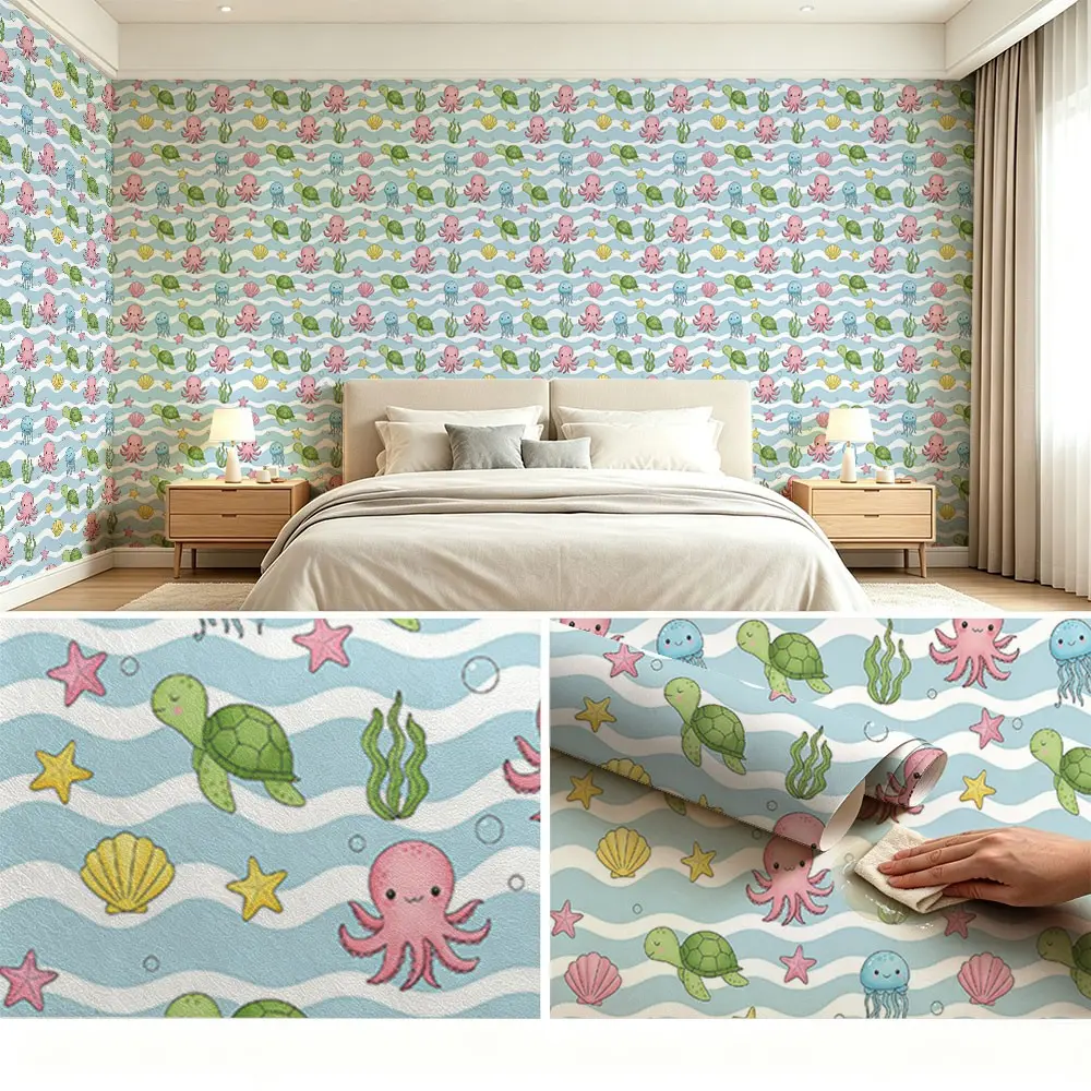 Cute Cartoon Underwater Creatures Wallpaper, PVC Material, Peel and Stick, Ideal for Kitchen/living Room/bedroom, Mould-Proof, Easy Installation