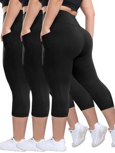 【plus size】 plain pocket high waist capris leggings, casual comfy breathable skinny capri pants for daily wear, women's plus bottoms for summer, workout clothes, leggings for women, gym leggings, leggings pockets, activewear, legging fitness
