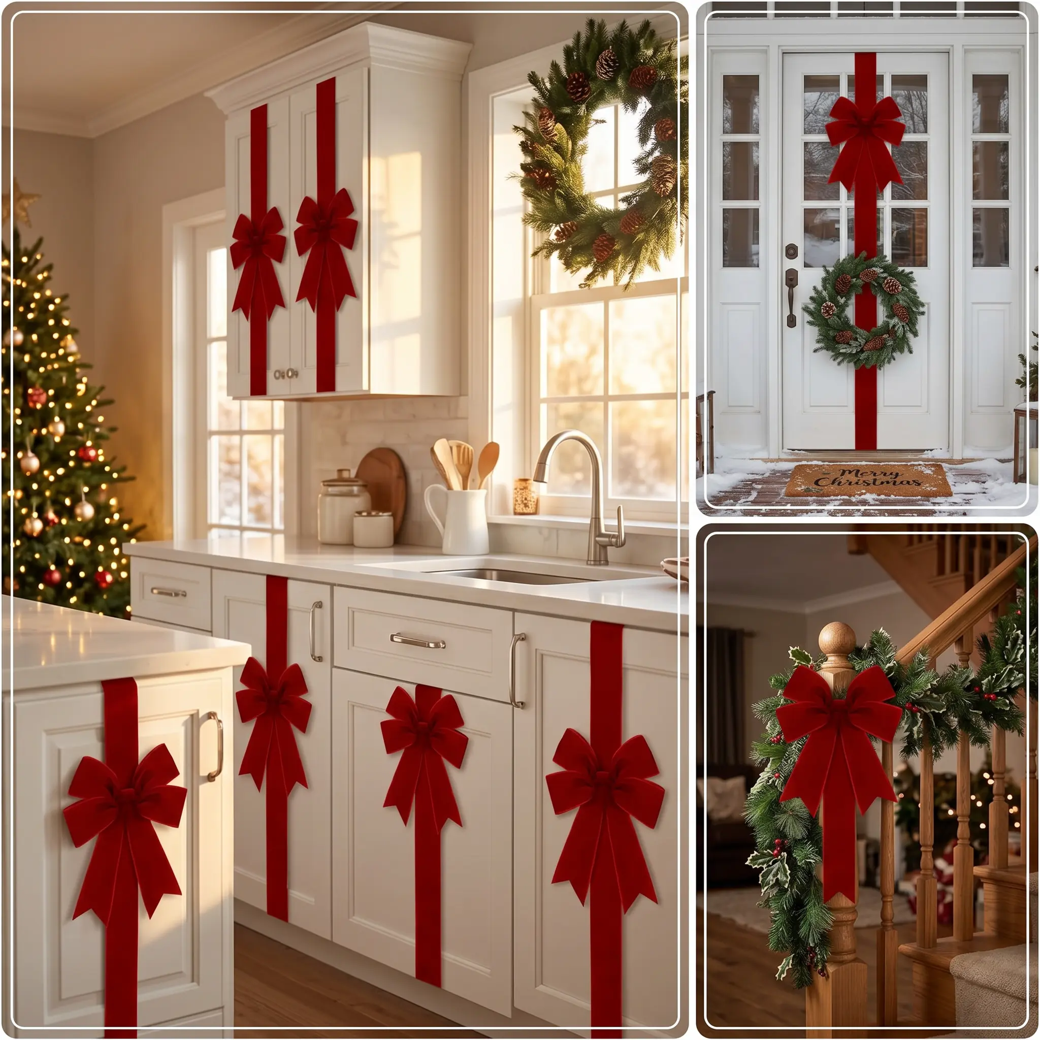 Velvet Christmas Cabinet Ribbons & Bows (8/6/4 Pcs) - 78.7" Large Elegant Door Ribbon Bow for Kitchen Furniture Decoration| Xmas Tree Gift Wrapping Garland Ribbon for Holiday Party Home Wall Decor