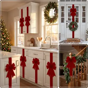 Velvet Christmas Cabinet Ribbons & Bows (8/6/4 Pcs) - 78.7" Large Elegant Door Ribbon Bow for Kitchen Furniture Decoration| Xmas Tree Gift Wrapping Garland Ribbon for Holiday Party Home Wall Decor
