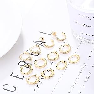 6-Pair Gold Huggie Hoop Set | 14K Gold Plated Stainless Steel | Dainty CZ Dangle & Cuff Earrings | Hypoallergenic Ear Stack for Sensitive Ears