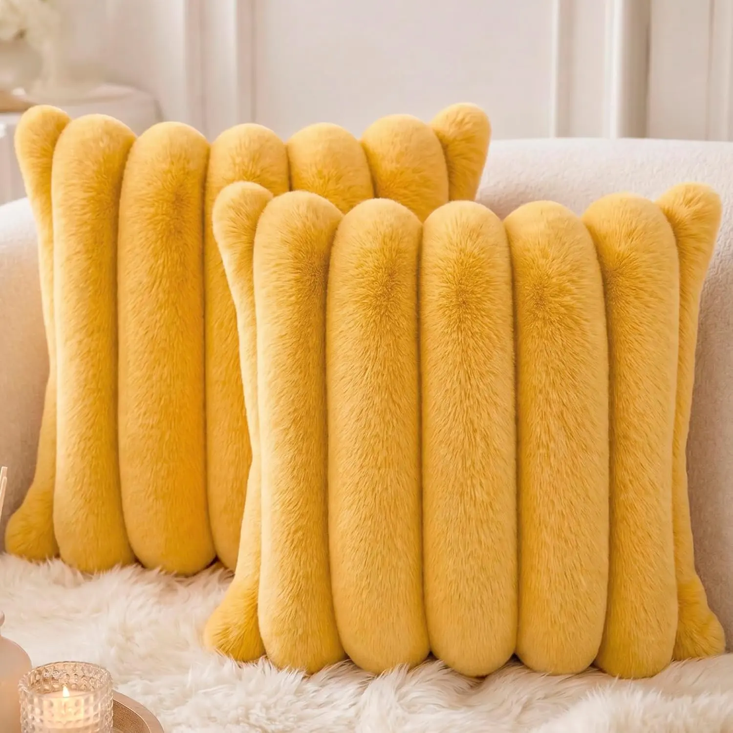 Faux  Throw Pillow Covers 18x18 Inch Yellow, Pack of 2 | Soft Stripe Quilted Plush Cushion Cases with Invisible Zipper for Couch Living Room Sofa Bedroom Decor &  Aesthetic