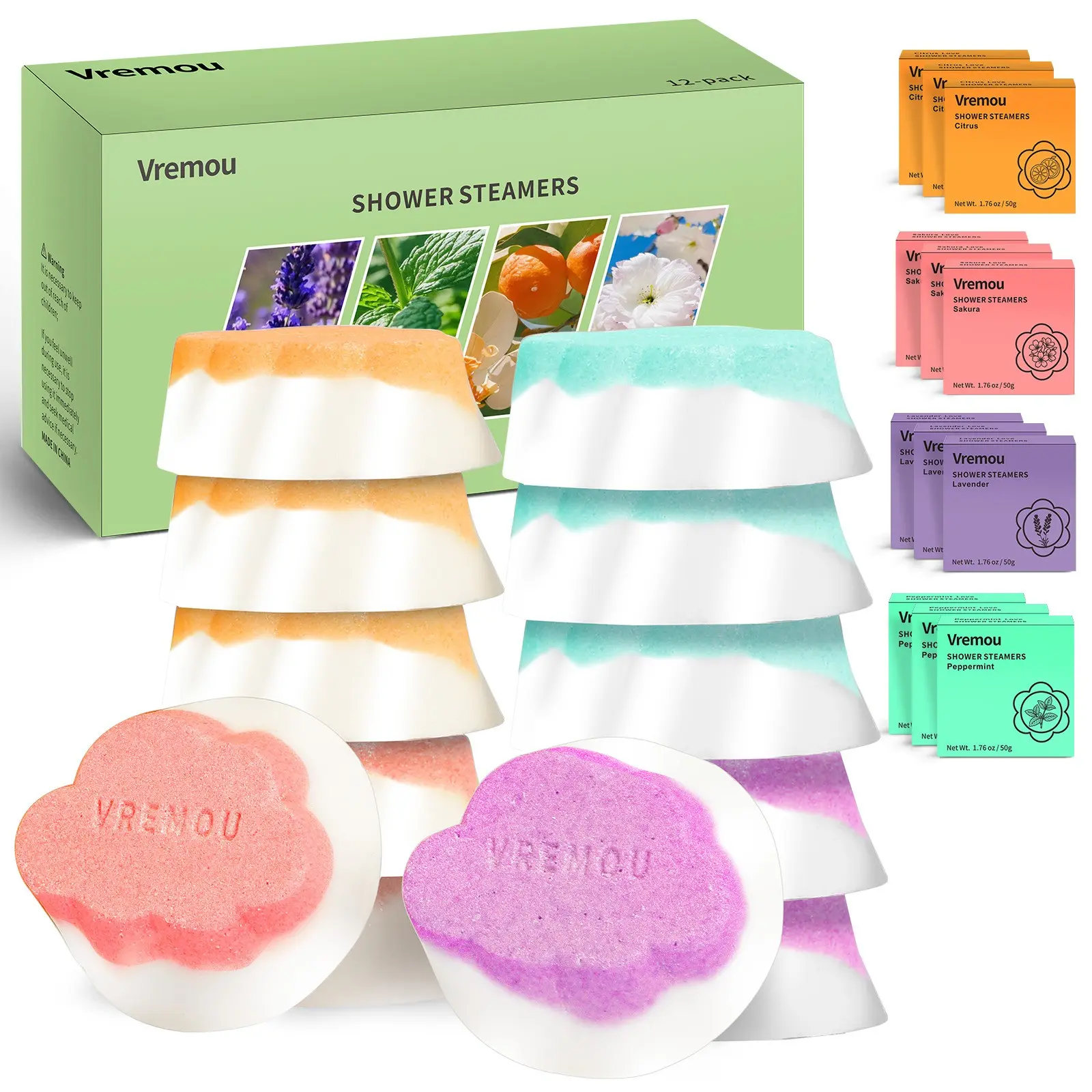 Vremou 12 Pack Shower Steamers Aromatherapy, 50g Each, Lavender, Mint, Citrus, Cherry Blossom, Ideal Bath Experience, Perfect Gift