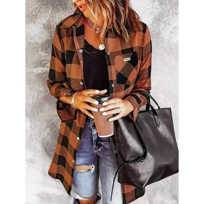 Flannel For Women 2024 Fall Fashion Long Sleeve Plaid Button Down Shirts Shacket Blouse Top With Pockets