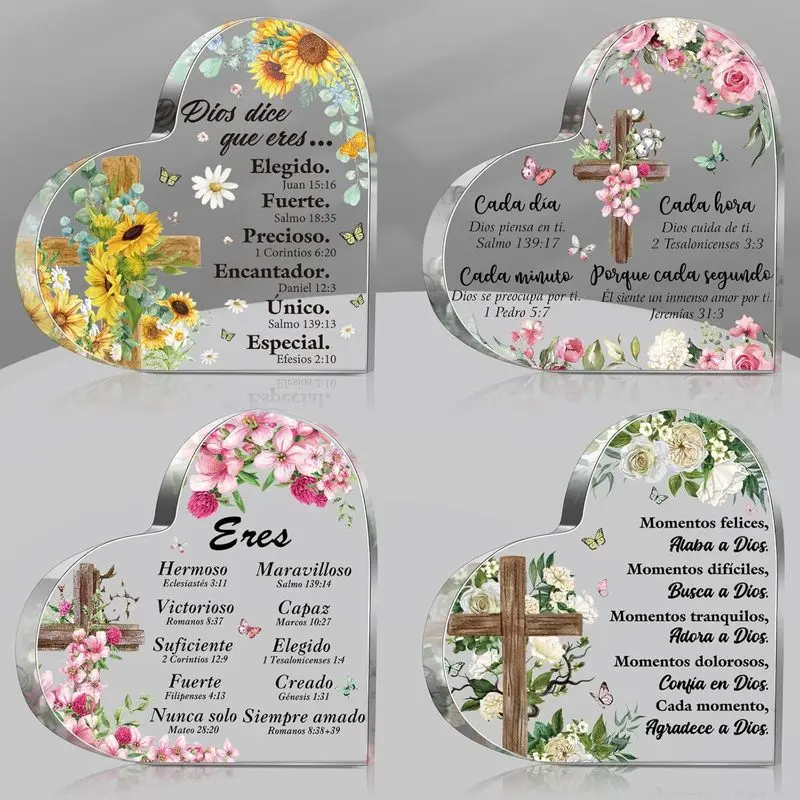 Vercraft 4 Pcs Spanish Christian Acrylic Gift for Women Religious Gift with Bible Verse Butterfly Heart Shape Sign Regalos Cristianos Para Mujer En Spanish for National Grandparents Day(Heart)