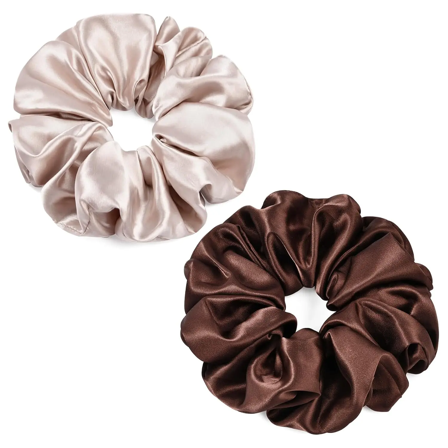 2 count Brown  Satin Silky Scrunchies 6.5 Inches  Scrunchie  Big Hair Ties Ponytail Holder for Thick Curly Hair Women (Brown,  Taupe)