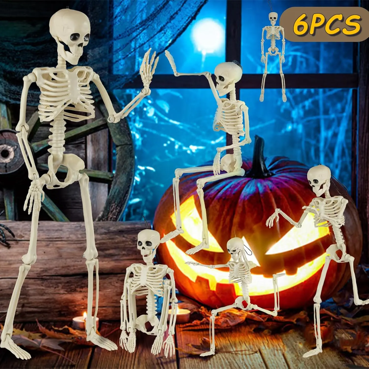 6-Pack Modern Synthetic Posable Joint Skeleton Halloween Decor Set, 16" Full-Joint Design, Yard Lawn Graveyard Props for Indoor Haunted House & Outdoor Party Decor