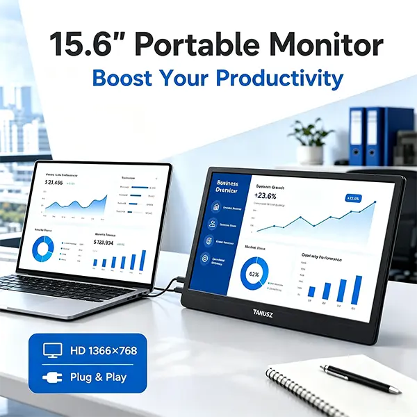 TANUSZ 15.6-Inch Portable Monitor, 1366x768 HD IPS HDR Ultra-Slim External Display with USB-C, HDMI, Built-In Speakers for Laptop, PC, Switch,PS5,Xbox