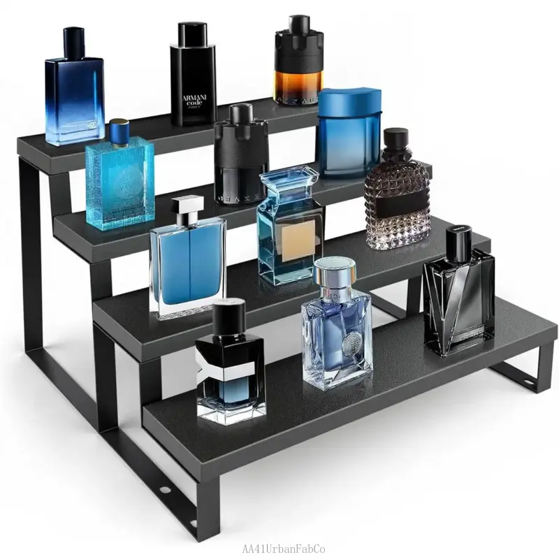 Wooden Cologne Organizer - 12in 4-Tier Waterproof Wall-Mountable Dresser Stand with Anti-Slip Washers, Adjustable Storage Shelf for Party Display, AA41UrbanFabCo (for Women's Tops/Blouses/Shirts Organization)