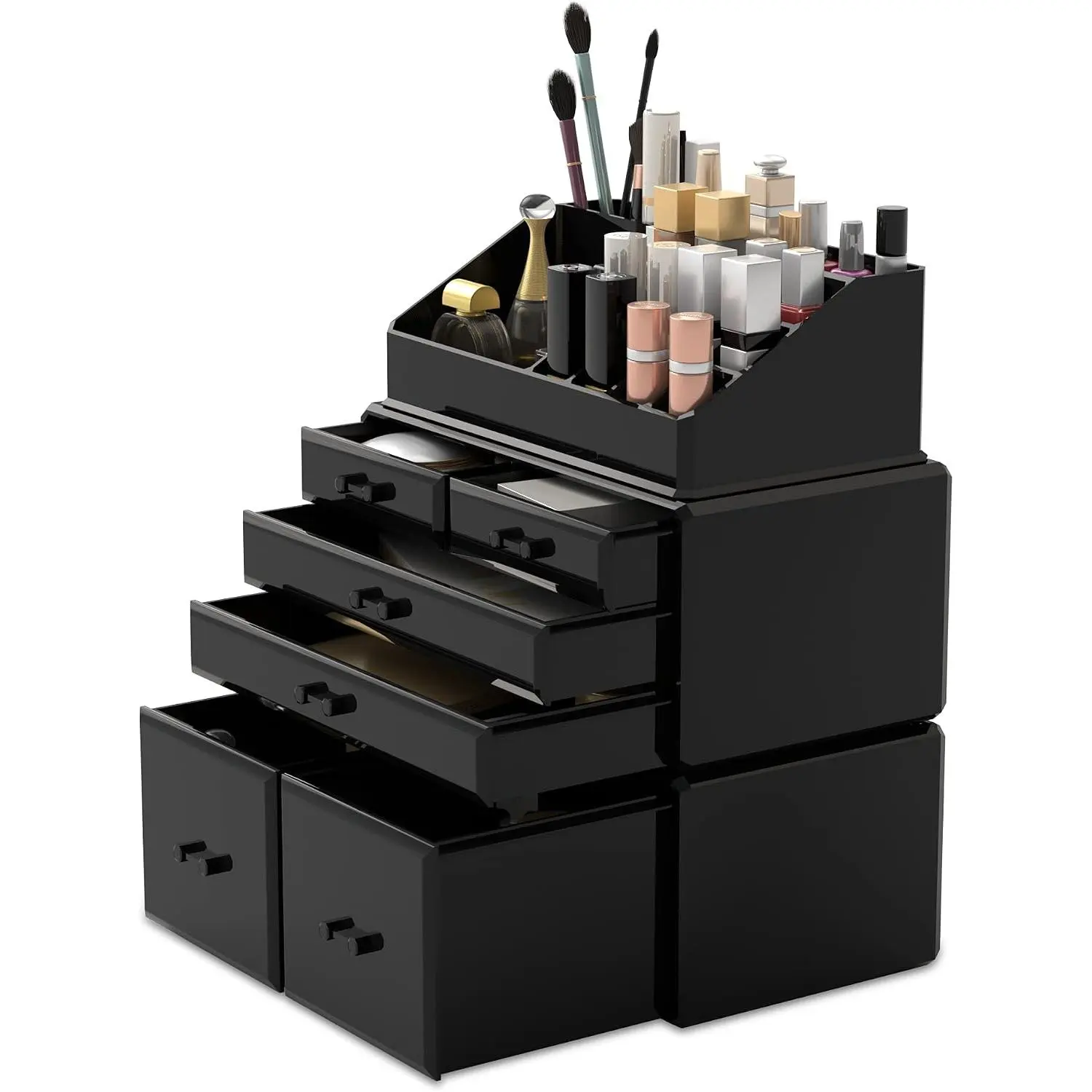 Plastic Desktop Makeup Organizer Set - 3 Interlocking Smooth Finish Boxes with 6 Drawers, Compartments for Cosmetics, Dresser Storage, Ideal Gift for Women