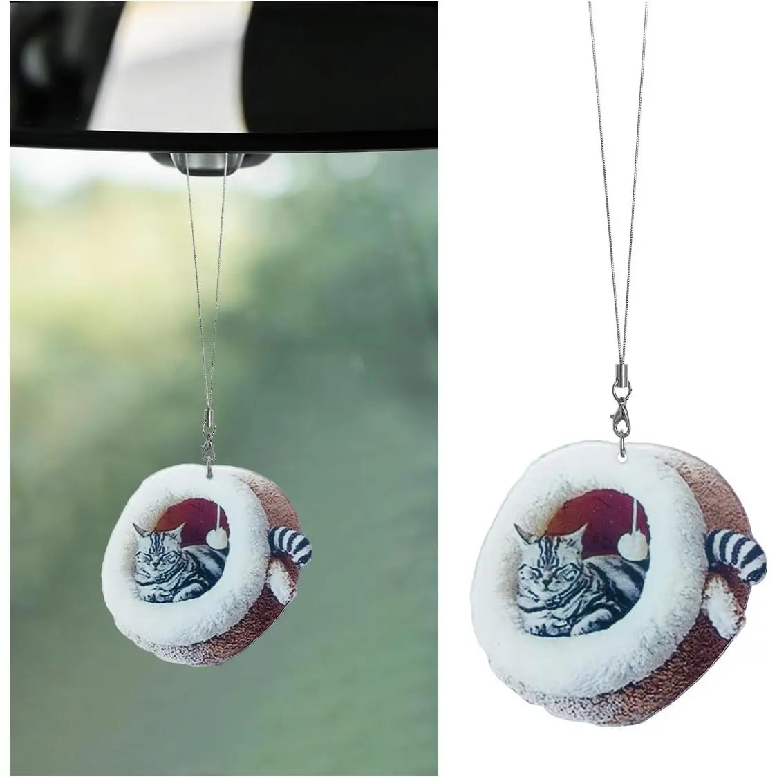 2D Flat   Rear View Mirror , Cute  Cats   Ornament for Window Wall, Christmas Tree Decoration Auto Interior Pendant Accessories, Present for  Lovers (Catbed)