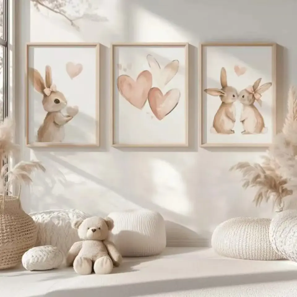 3pcs Rabbit Poster Girl Pink Beige Frameless Mural Heart-Shaped Decoration Rabbit Picture Art Living Room Bedroom Canvas Hanging Painting