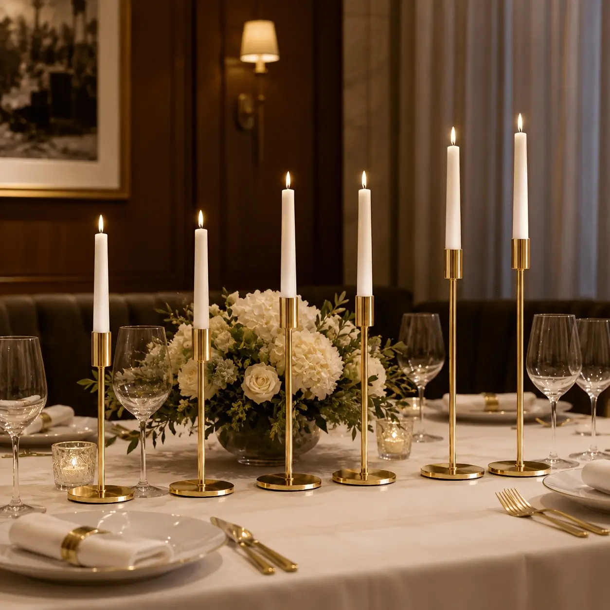 6 gold and silver candlesticks, tabletop candle holders, tall modern candlesticks with stable round bases, suitable for weddings, dining tables, fireplace mantels, parties, Christmas, Halloween, Easter, and holiday home décor. Candles not included.