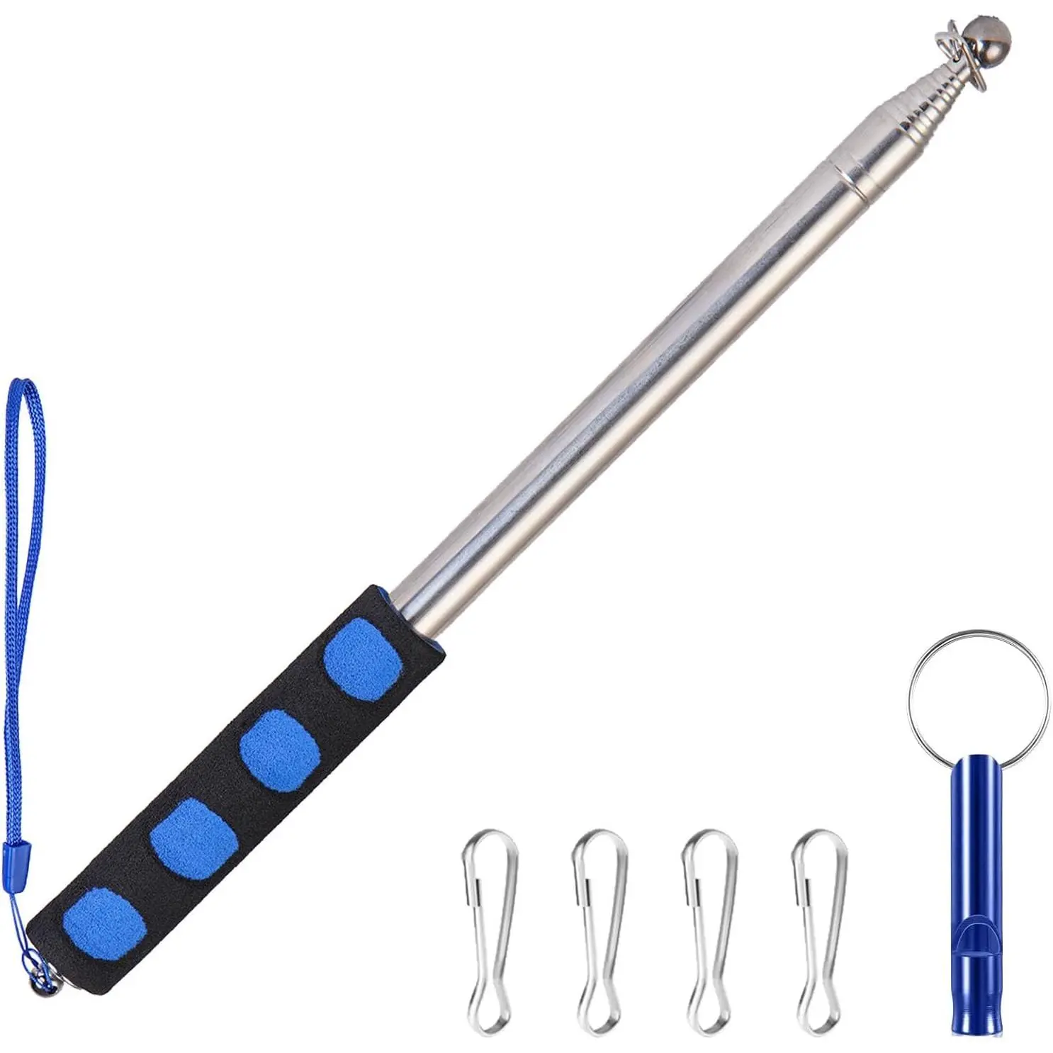 8.2ft Telescopic Flag Pole,Stainless Steel Handheld Portable Extendable Retractable Flagpole with Anti-Slip Grip,Clips,Whistle,Collapsible Telescoping Flag Pole Pointer for Tour Guide,Festival (Blue)