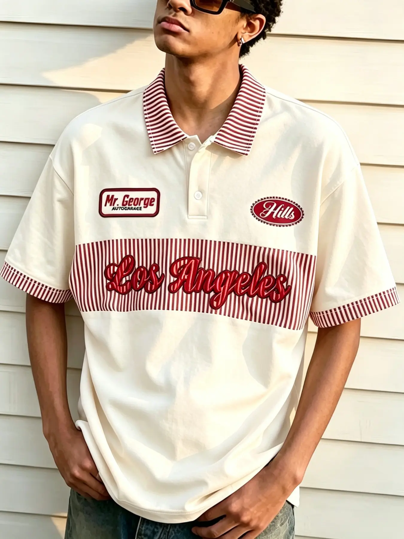 Men's Vintage Striped Colorblock Short Sleeve Polo, Los Angeles Print Loose Fit Casual Polo, Ideal for Daily Commute, Streetwear, Summer Vacation, Summer Polo Shirt