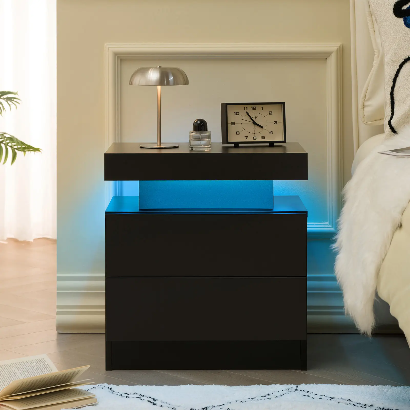 ARCH LED Nightstand with 2 Drawers, Modern Bedside Table with Lights, End Side Table Cabinet for Bedroom, Black Finish, Small Space Furniture, USB Charging Station, Storage Organizer for Living Room, Bedroom Bedside Table for Bedroom, Guest Room