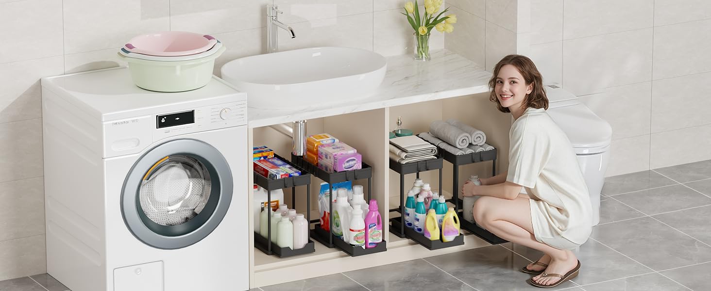 Under Sink Organizer – Bathroom Cabinet Storage with Pull Out Sliding Drawers – 12.8 Inch Shelf for Kitchen, Bathroom, Laundry Room & Cleaning Supplies Organization