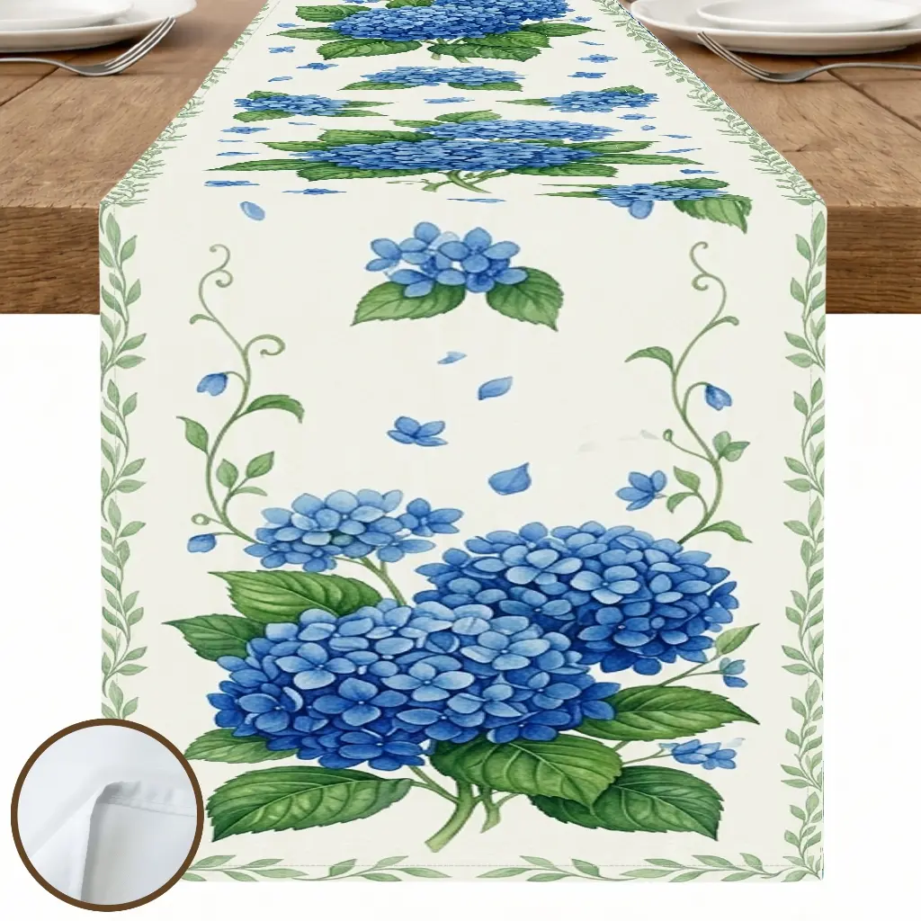 1pc Blue Hydrangea Green Leaf Table Runner, Vintage Floral Style, Watercolor Style Print, for Dining Table Kitchen Decor Home Decor Fall Decor