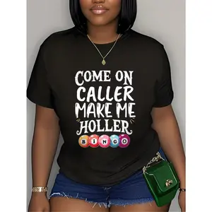 Women's Funny Bingo Caller T-Shirt - Come On Caller Make Me Holler Bingo Ball Graphic Tee - Black with White Text - Oversized Casual Bingo Night Party Shirt - Machine Washable Bingo Lover Gift for Women, Bingo Accessories, Fun Event Apparel