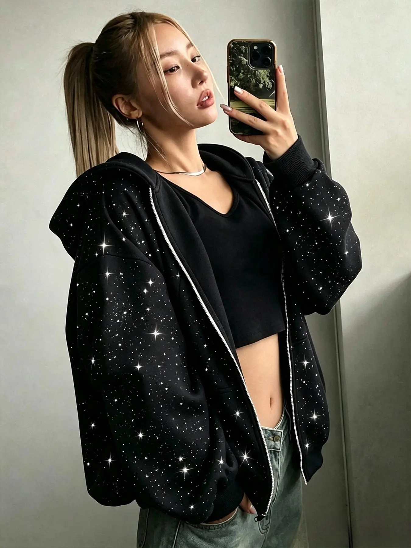 Dark Style Starry Hooded Jacket, Loose Fit Zipper Outerwear, Soft Thick Fabric, Versatile for Fall & Winter, Perfect for Casual