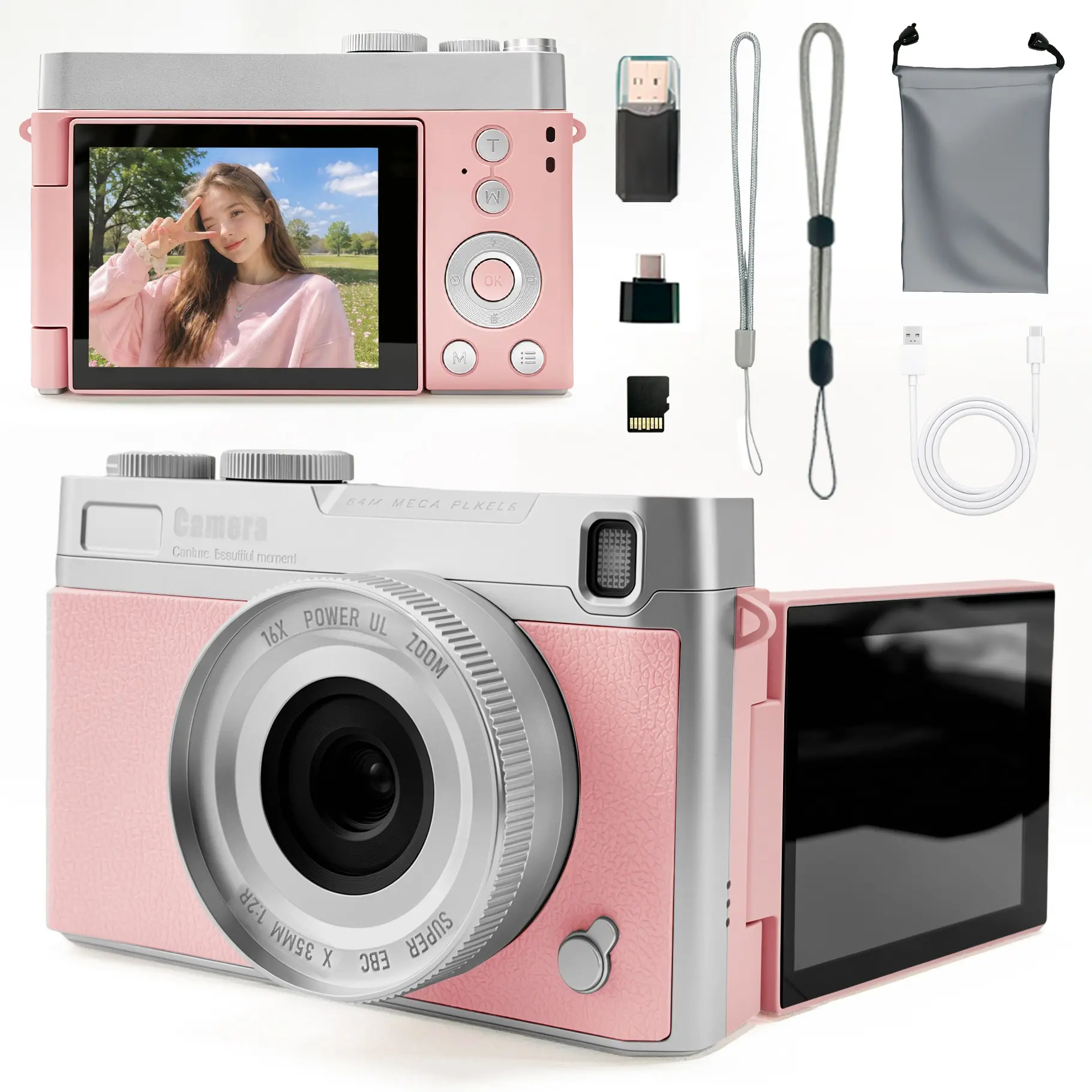 Side Flip Screen Digital Camera with 5MP Effective Resolution, 2.8" HD Display, Rotary Dial Menu, 27 Filters, Memory Card Included, Charging, Camera for Teens & Students