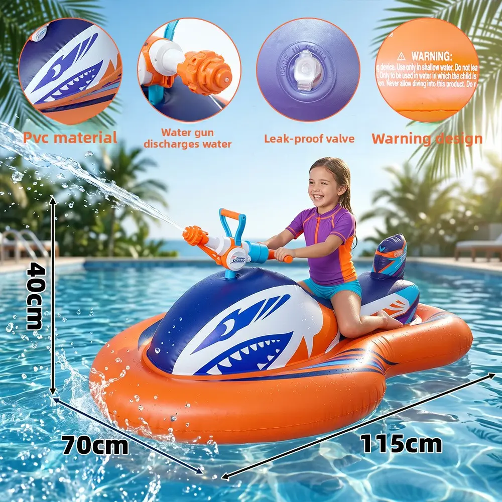Kids Inflatable Jet Ski Pool Float Ride-On with Built-In Water Gun, Children Inflatable Motor Boat Swim Ring, Summer Pool Beach Water Toy for Toddlers
