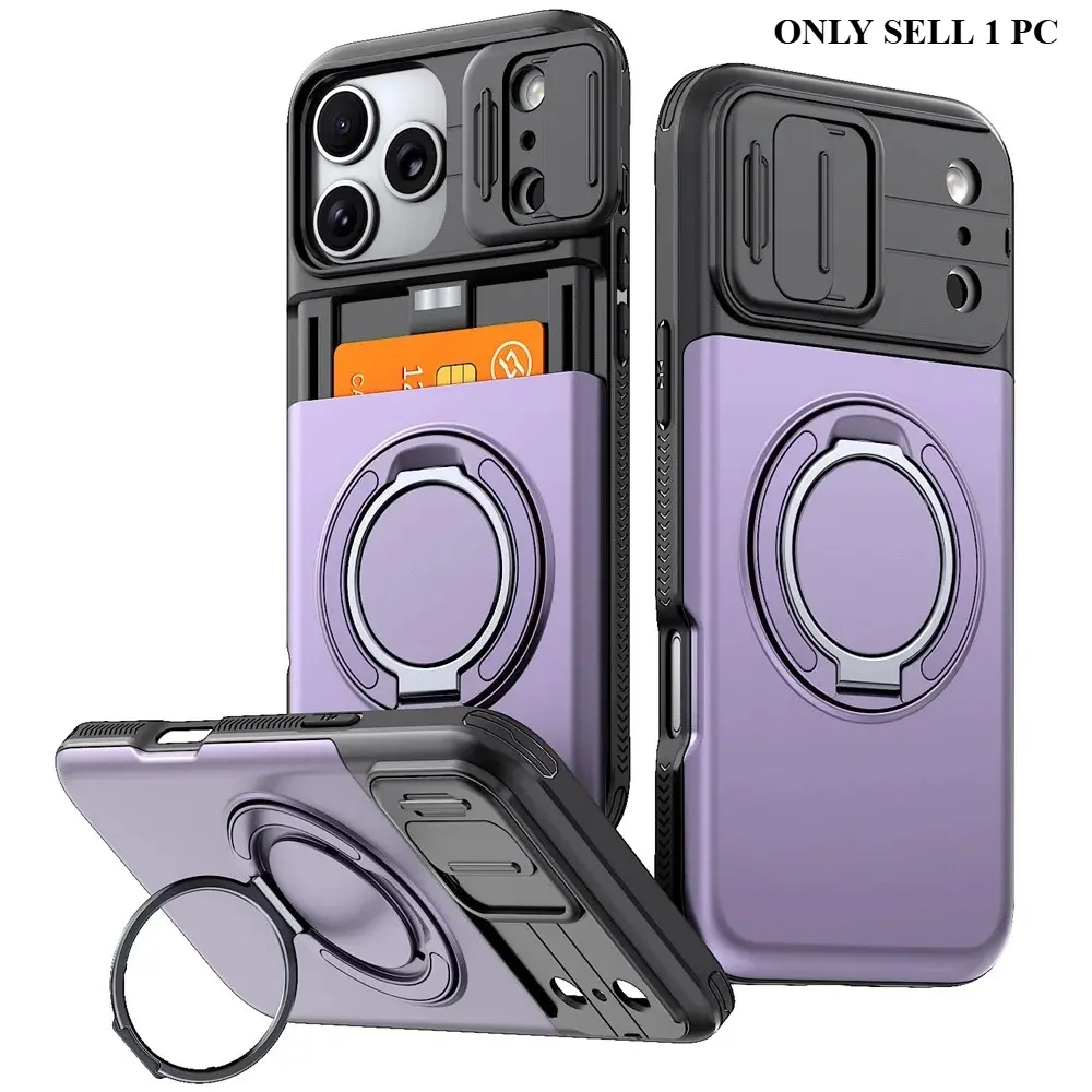 Luxury 3IN1 Slot Card Wallet Magnetic Stand Phone Case for iPhone 17 16 15 14 13 12 Pro Max Slide Camera Protection Anti-Slip Cover