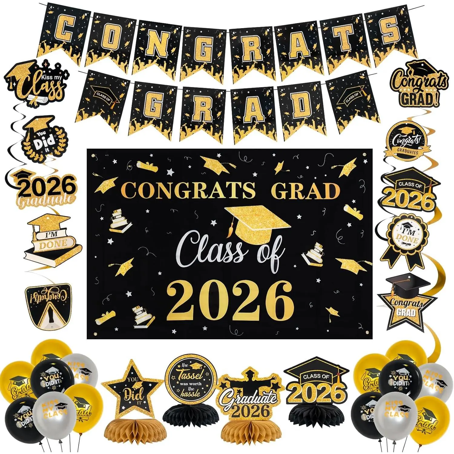 Class of 2026 Graduation Decorations Set - Backdrop, Congrats Grad Banner, Hanging Swirls, Streamers, Honeycomb Centerpieces, Balloons Kit for High School Grad Party Supplies, Decorative, Display