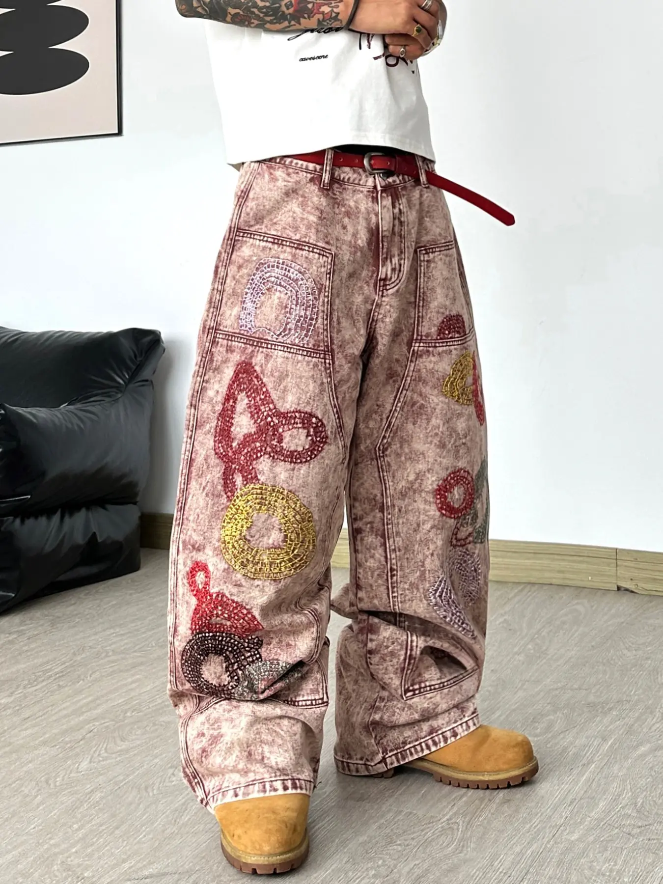 Men's Loose Fit Embroidered Jeans, Vintage Washed Geometric Beaded Patchwork Wide Leg Pants, Y2K Street Style, Comfortable Daily Wear