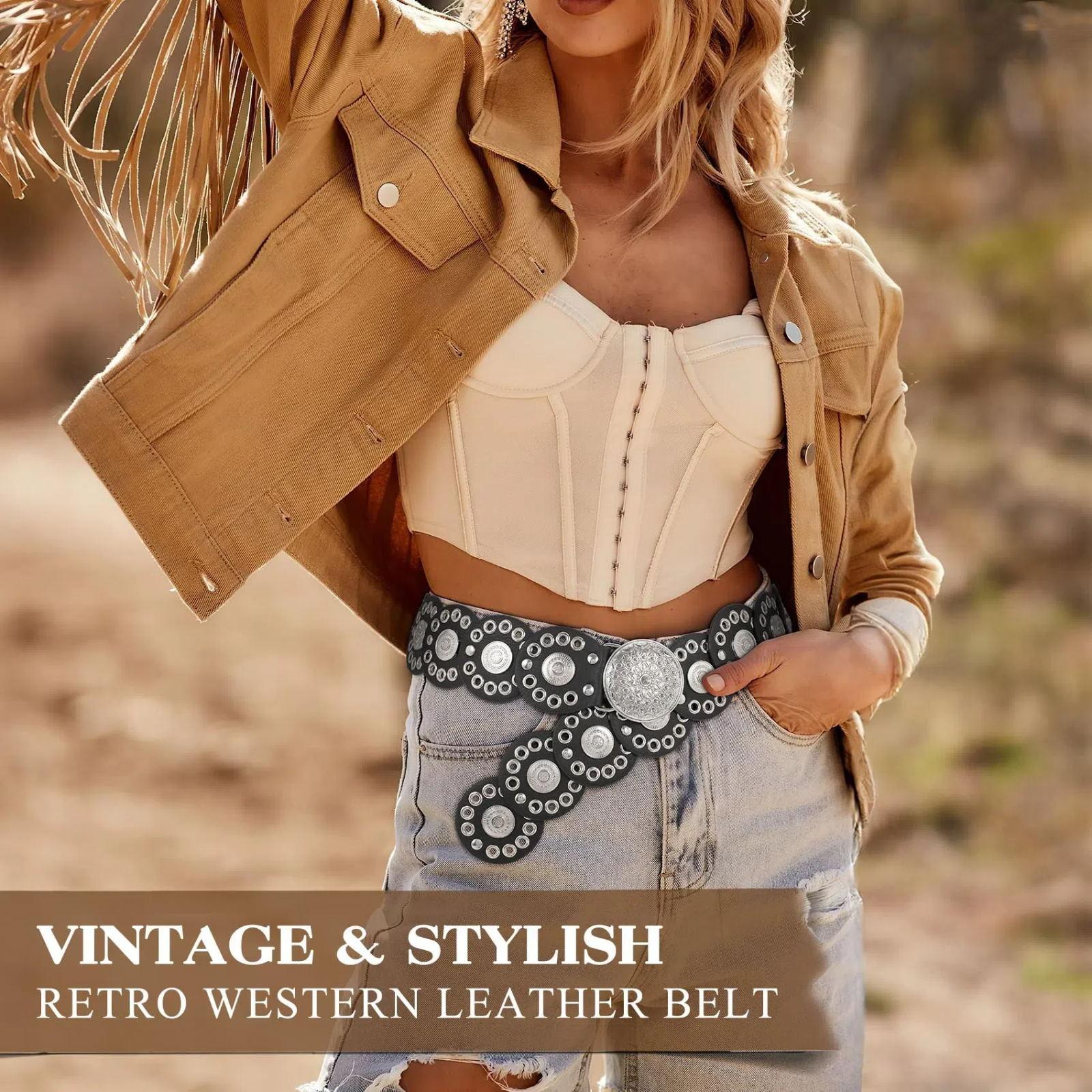 XZQTIVE Western Belts for Women Vintage Disc Waist Belts Concho Leather Belts Boho Waist Belt for Dress Jeans, Bronze Black