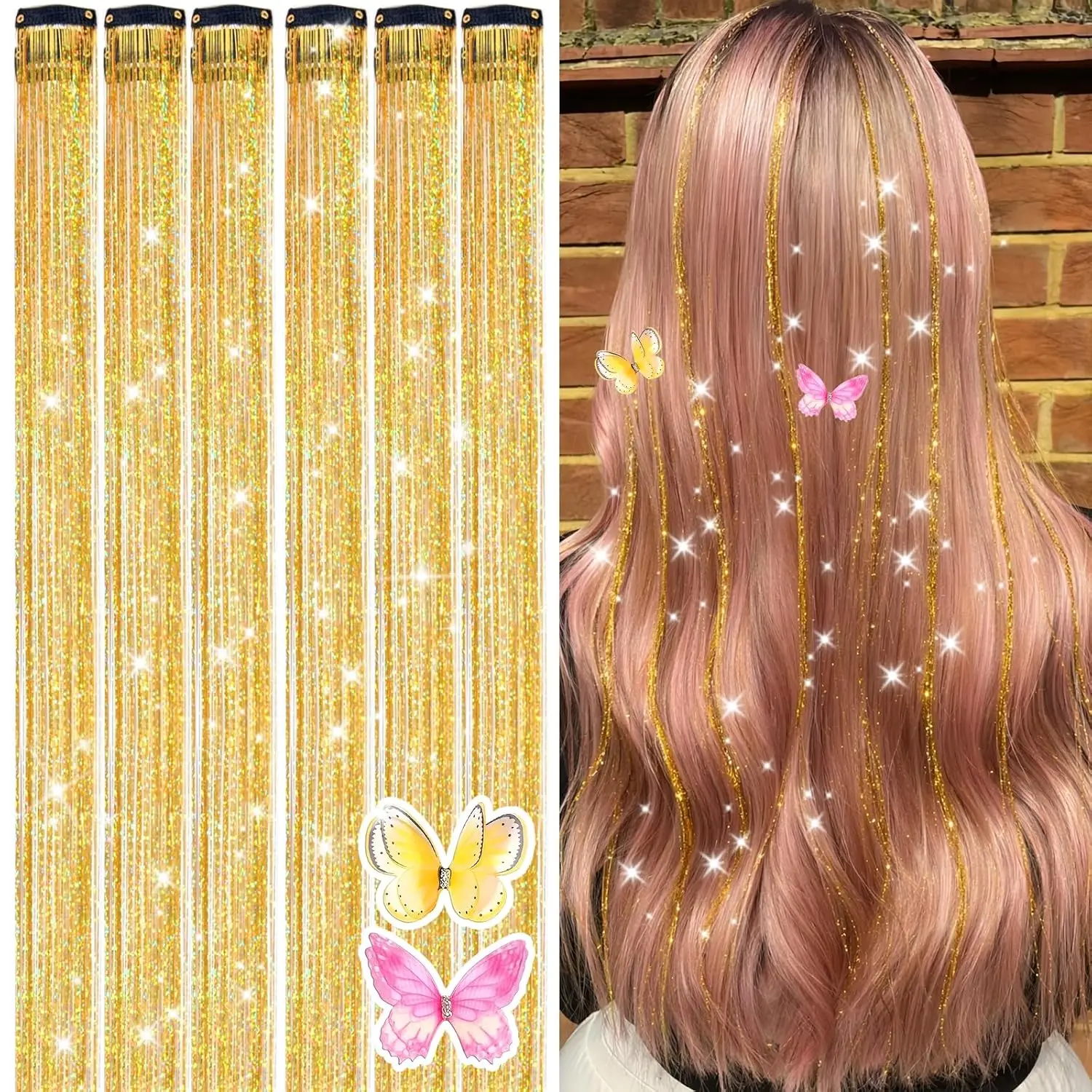 Hair Tinsel Clip in Rainbow  Glitter Tinsel Hair Extensions for Girls