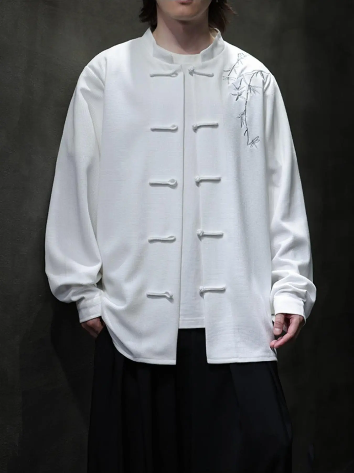 1 PC Men's Casual Shirt Long Sleeve Waffle Style Men's Long Sleeve Collar Autumn Tang Suit Buttoned Bamboo Embroidery Traditional Chinese Men's Hanfu Large Size, Soft and breathable, suitable for daily commuting. Menswear Chic Clothes