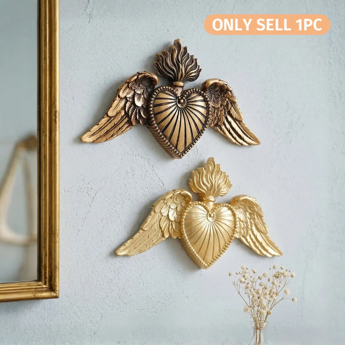 European Vintage Heart Wing Interior Wall Decor, Heart Shaped Decor, Resin Relief Sacred Heart Hanging Ornament, DIY Wall Decoration for Bedroom, Living Room, Party, Decorative Hanging Piece, Living Room Decorations