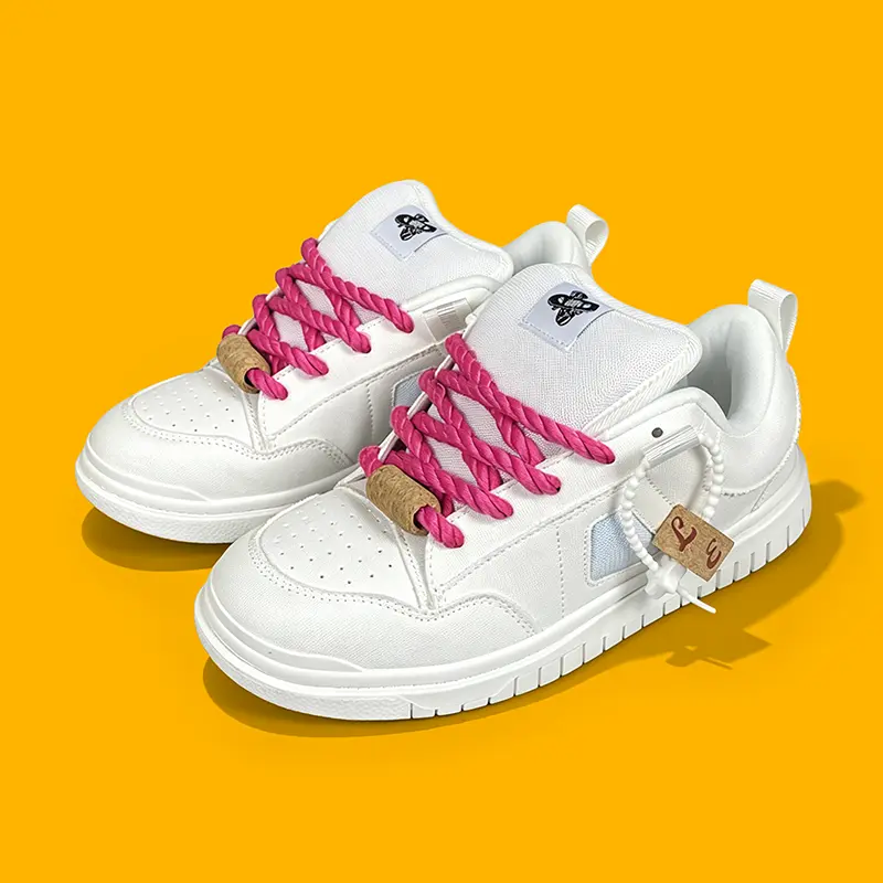 White Cute Chunky Skate Sneakers with Hot Pink Rope Laces Unisex Platform Casual Street Board Shoes with Heart Charm for Women Teens Girls