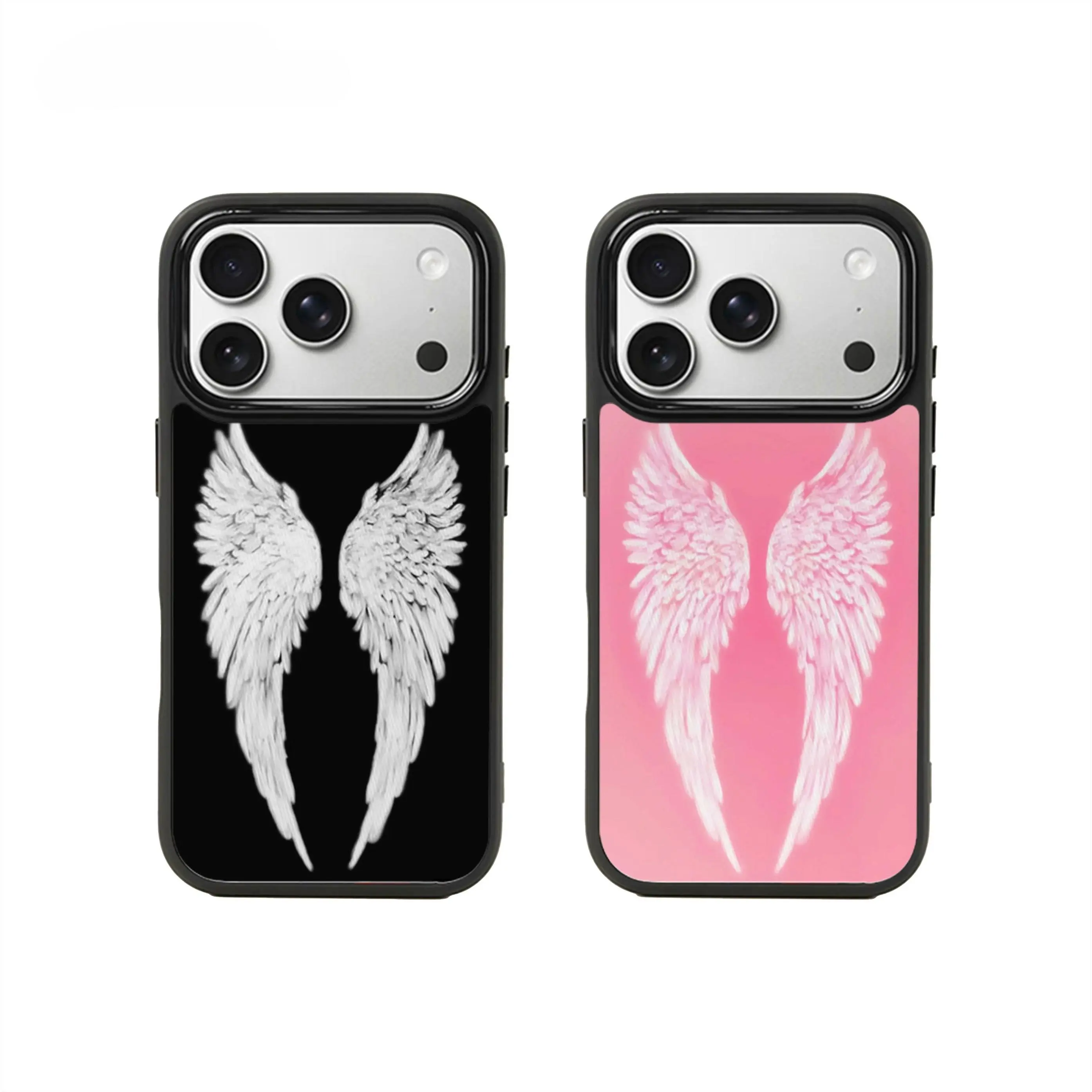 Black Base Realistic White Angel Wings Feather Print Sublimation Shockproof Phone Case for use with iPhone 17 air 16 Pro max 15 plus 14 Pro 13/12/11/X/XR/XSMAX Samsung Galaxy S25 ultra S24 plus S23 FE S22/S21