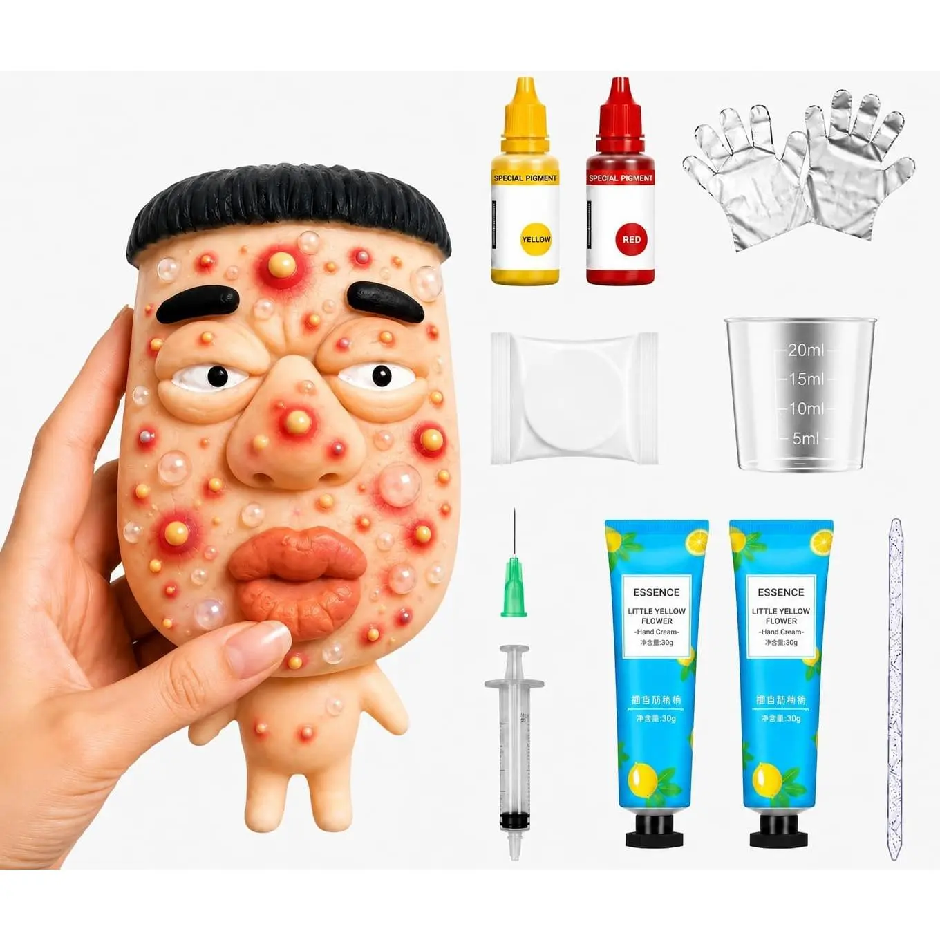 Pimple Popping Toy Kit with Refillable Funny Face Squishy, ASMR Sensory Fidget Toy for Adults, Face Squishy Popper Toy with Color Mixing Accessories, Stress Relief Desk Toy Gift (Cute Face)