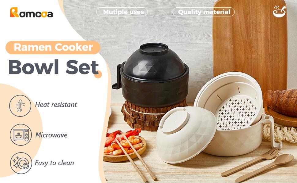 4 Sets Microwave Ramen Cooker Set 33 oz Quick Ramen Bowl Set Microwave Noodle Cooker with Handle Noodle Bowl with Spoon Chopsticks Fork College Dorm Room(Black, Beige, Pink, Purple) Cutlery Oven Tableware Bamboo