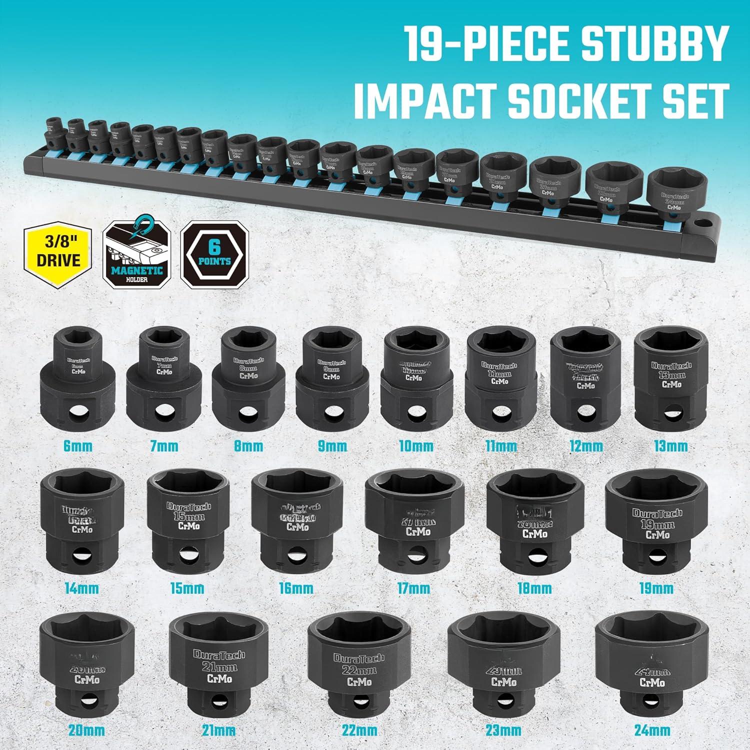 3/8" Drive Stubby Impact Socket Set, Low Profile Impact Sockets, 19-, Metric, Size Covers 6-24mm, Cr-Mo Steel, Organized in  Storage Rail