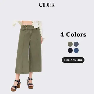 Cider Streetwear Summer Low Rise Metal Detail Washed Denim Wide Leg Capri Jeans