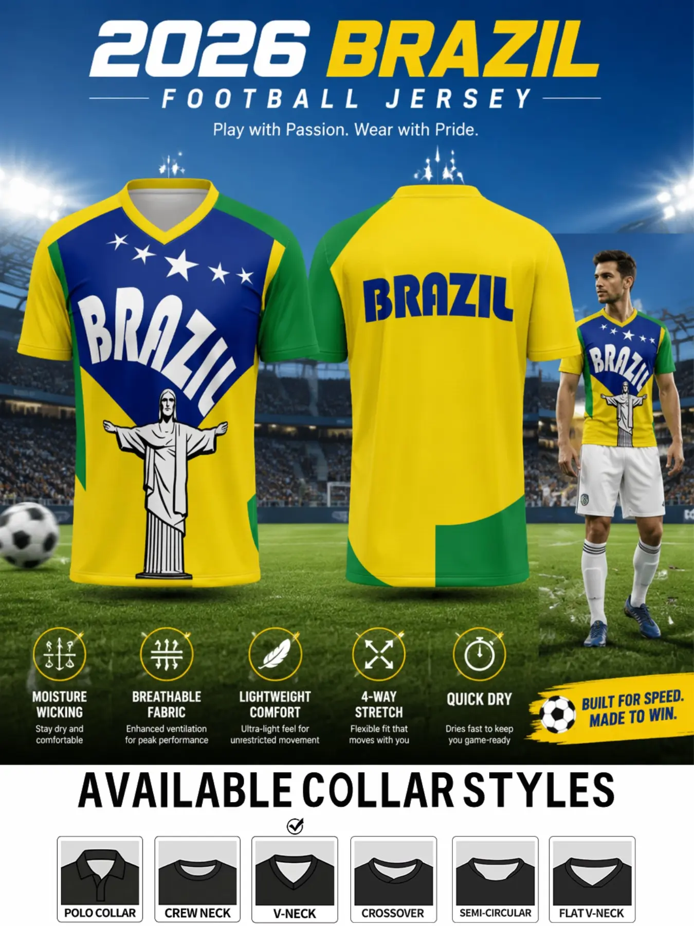 Men's Brazilian Sport Short Sleeve Jersey, Fitted Print Top for All Seasons, Comfortable Daily Wear, Ideal for Stadiums and Outdoor Activities