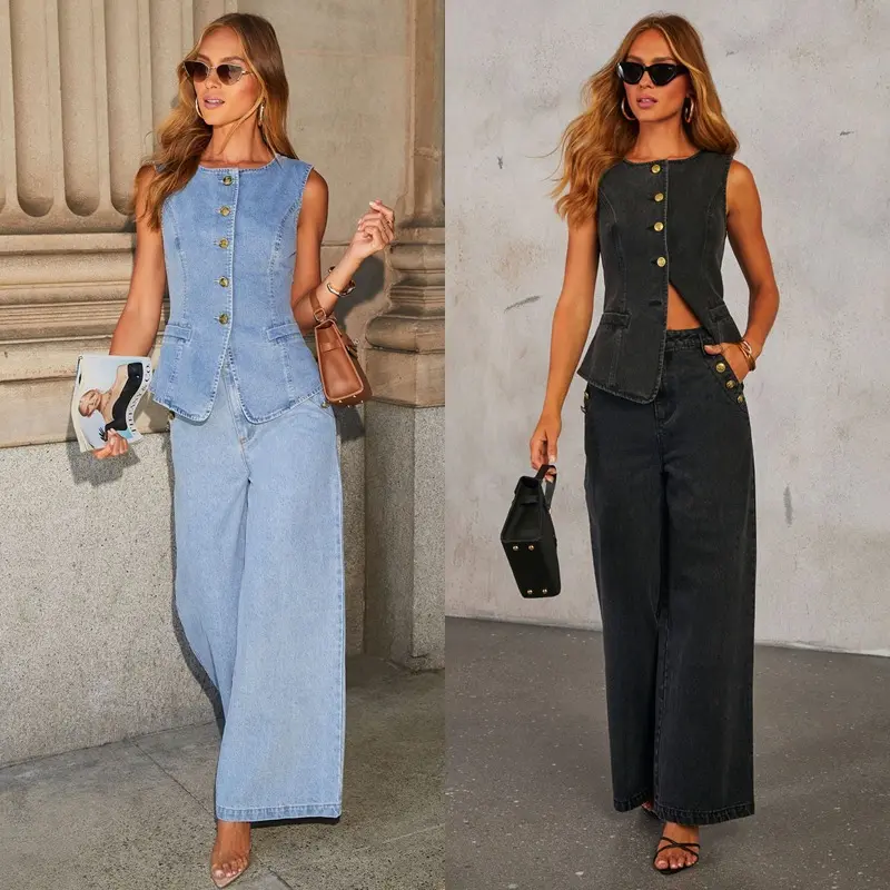 Women's straight-leg denim wide-leg pants, stylish buttoned sleeveless vest, wide-leg jeans denim suit