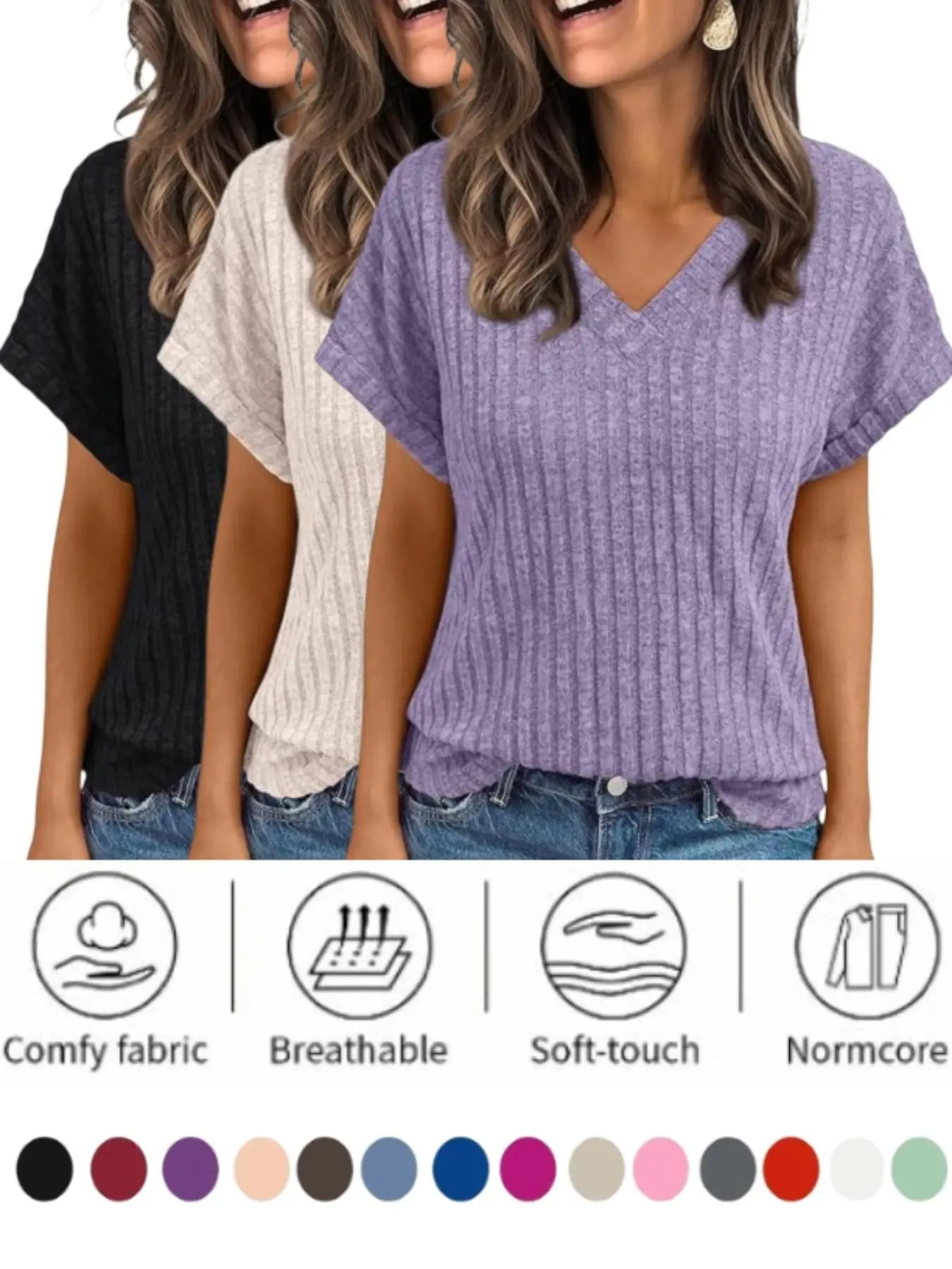 Women's Summer Short Sleeve V-Neck T-Shirt, Casual Pullover Top, European and American Style, Cross-Border Fashion Apparel, Clothes