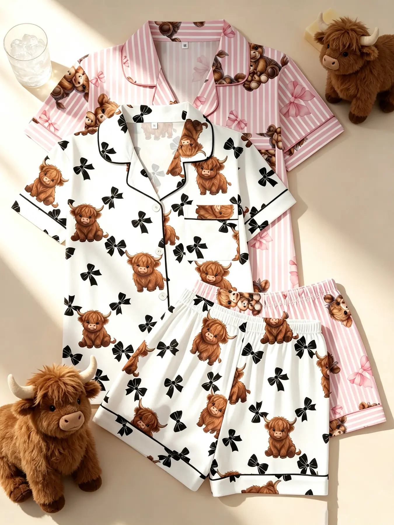 4-Piece Women's Pajamas & Loungewear Sets, Pjs Highland Cow Bow Knot Print Pink Stripe White Summer Short Sleeve Button Down Collar Chest Pocket Elastic Waist Shorts Contrast Trim Soft Breathable Relaxed Fit Sleepwear for Home