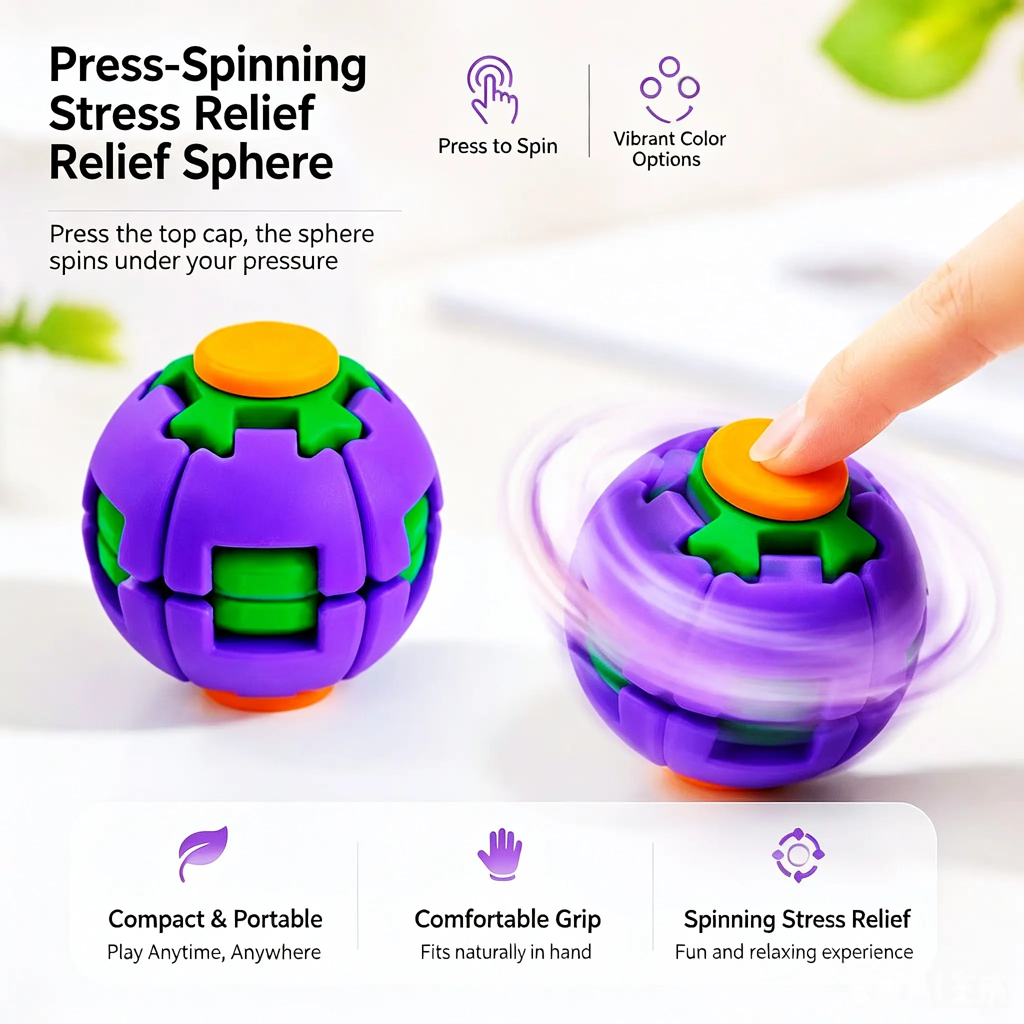 Press Rotating Sphere Fidget Spinner Ball, 360° Rotation Stress Relief Toy, Anti-Anxiety Hand Gadget, Durable Portable Gift