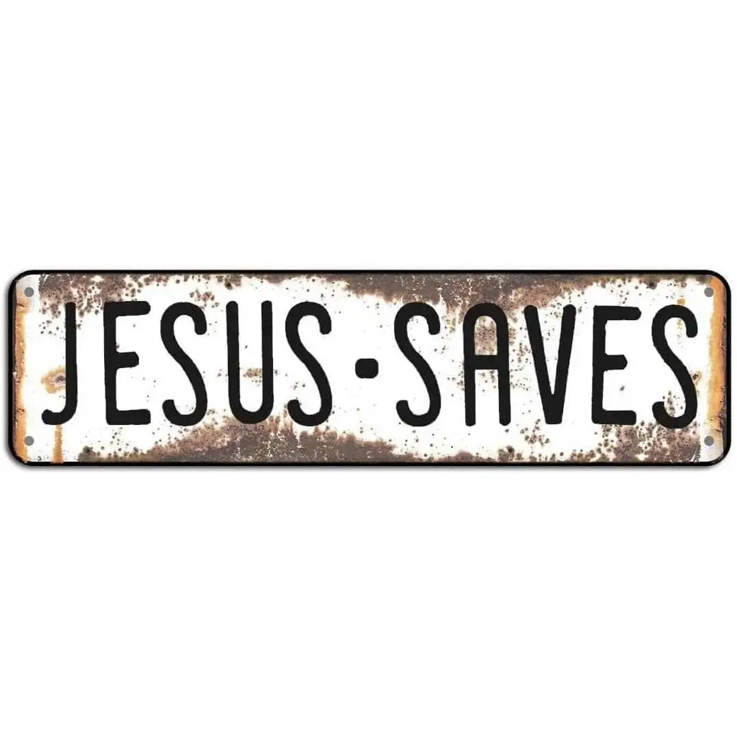 "Jesus Saves" Vintage Rustic Tin Print Street Sign, 4x16 in Lightweight Hanging Christian Home Decor Products, Religious Faith Wall Art for Home, Church Indoor Home Decoration Flat Decorative Sign