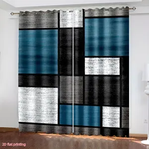 2D flat print, 2 panels, geometric blue-gray grid design digital print living room curtains, semi-transparent perforated curtains for living room furniture decoration vertical blinds rod bracket pocket christmas party home decor