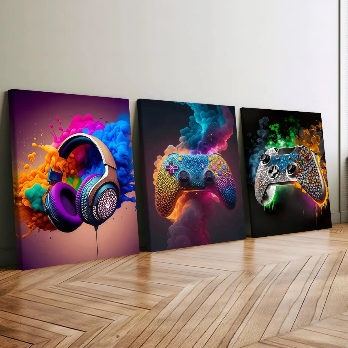 3-Pack Wood Frame Canvas Posters, Neon Gaming Controller Decor, Modern Living Room Art, Waterproof, No Odor, Ideal for Home Office