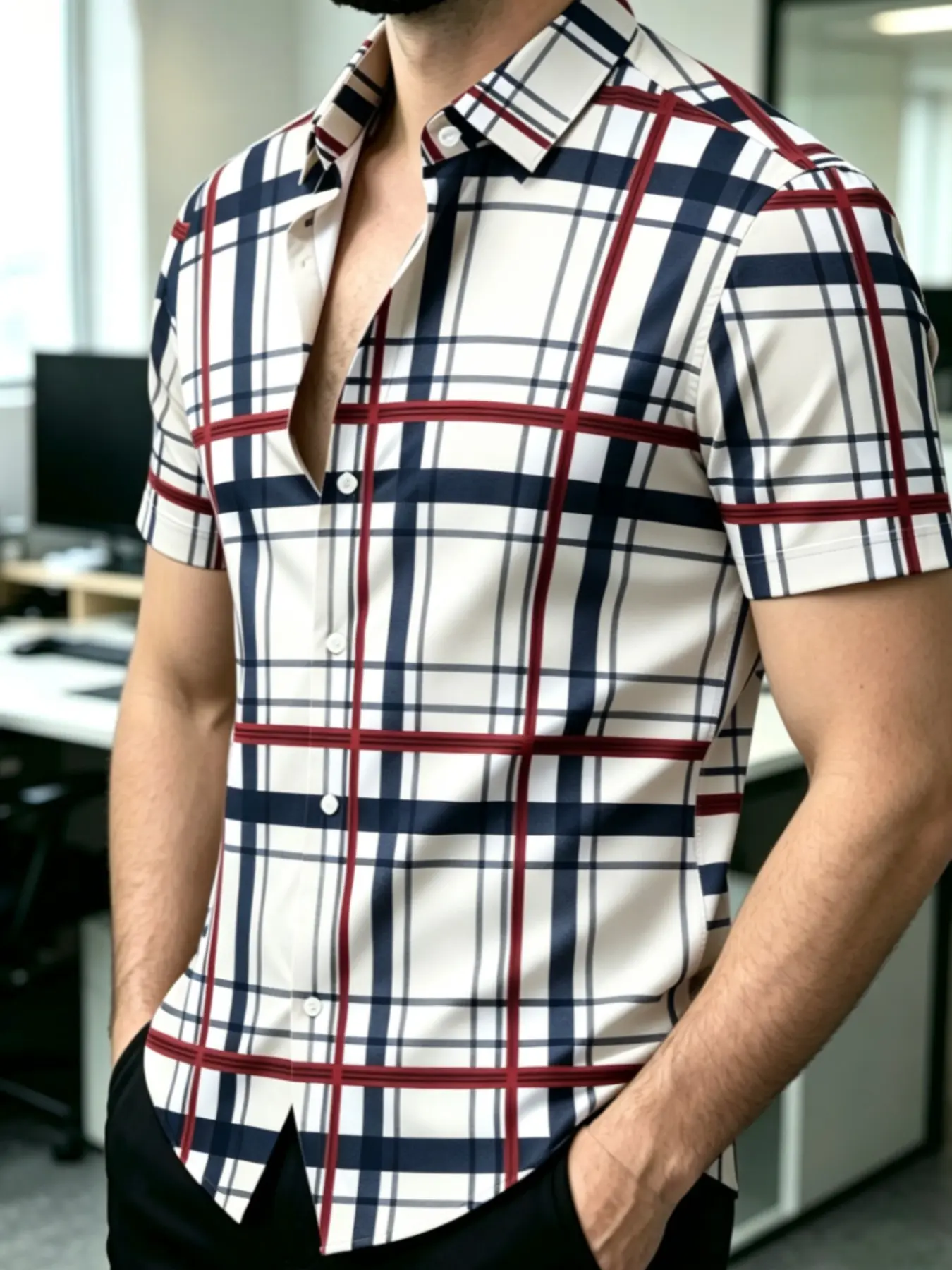 Men's Plaid Print Short Sleeve Shirt, Casual Slim-Fitting Top, All over Print Design, Comfortable Daily Wear, Stylish Men's Clothing