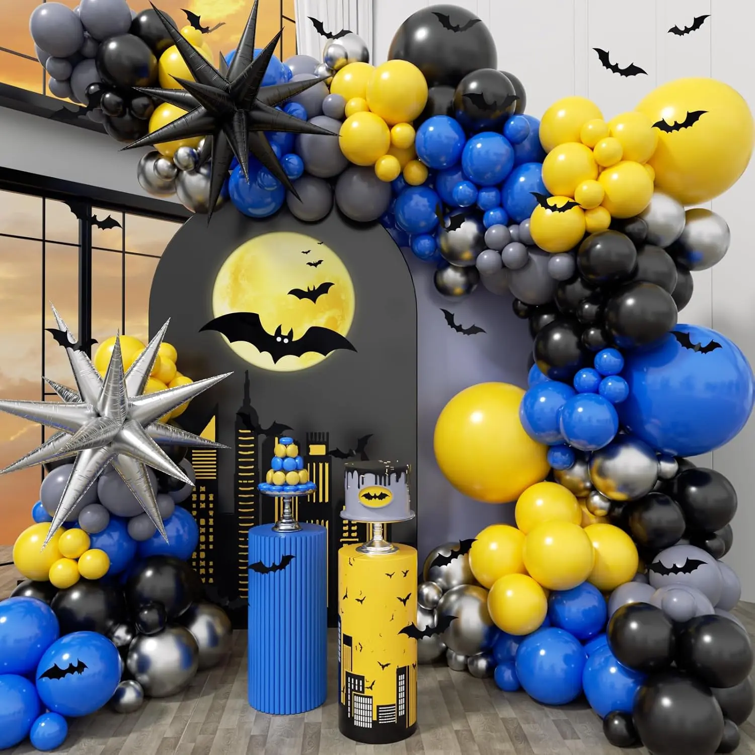 129 count Blue and Yellow Balloon Arch Kit with Gray  and Black Balloons | Black and Yellow Party Decorations, Birthday Party Decorations for Men